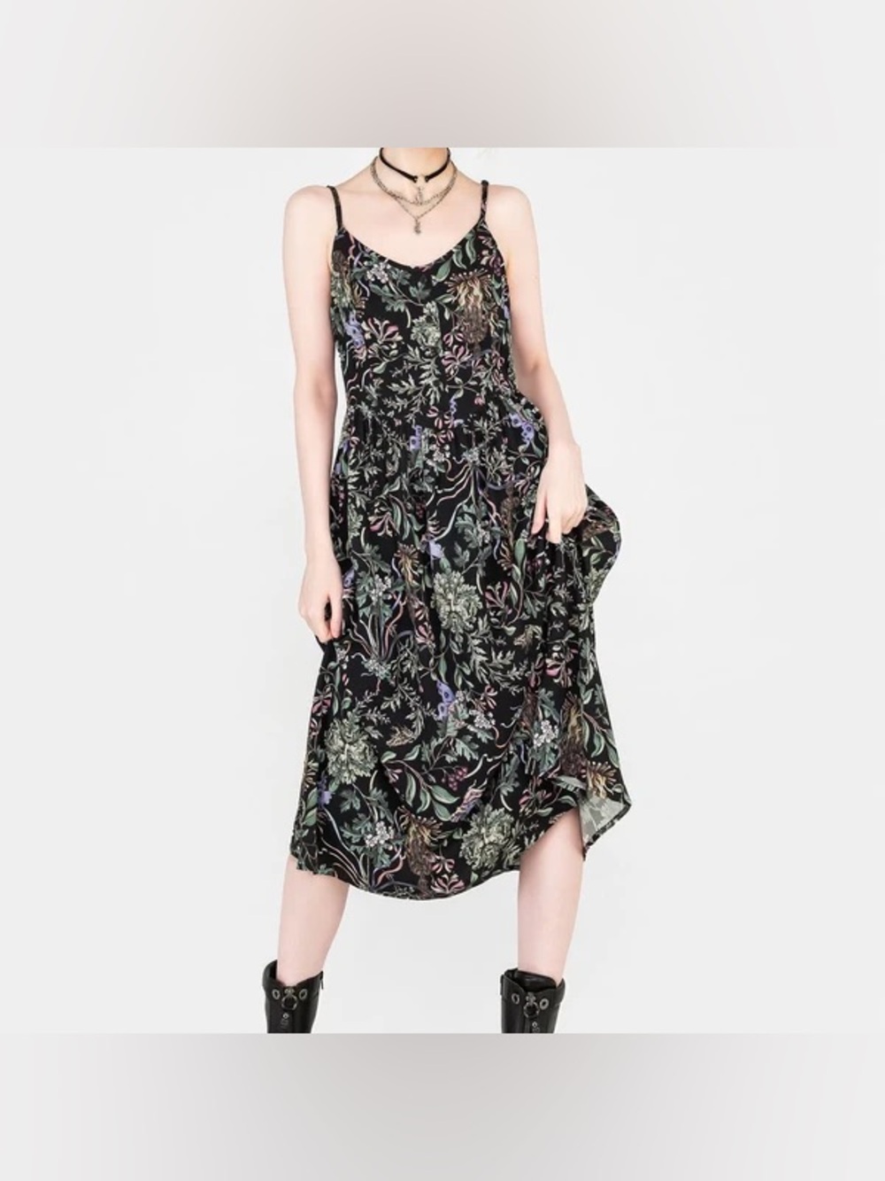 Disturbia Beltane Cami Midi Dress size small fairy print black whimsy goth